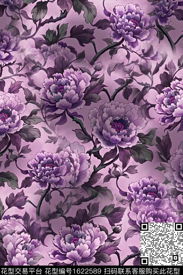 中国风牡丹手绘花卉数码印花华亿平台下载（图片编号: 1622589） - 瓦栏（Walan）