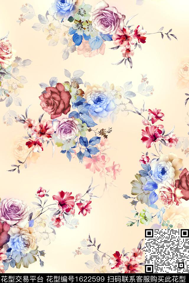 影花花卉水彩花卉数码印花华亿平台下载（图片编号: 1622599） - 瓦栏（Walan）