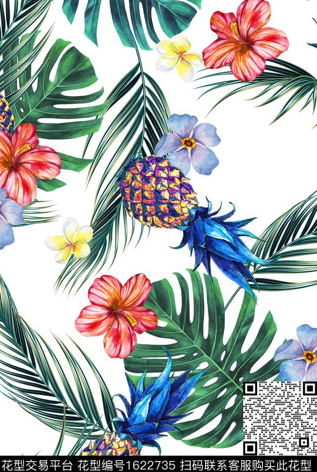 菠萝热带华亿平台龟背竹数码印花华亿平台下载（图片编号: 1622735） - 瓦栏（Walan）