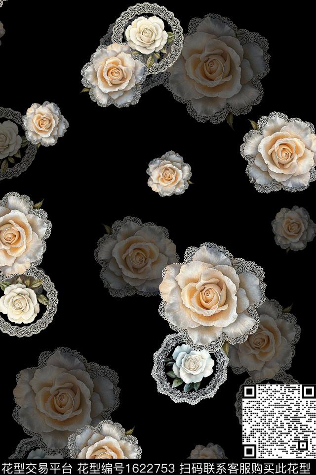 花卉黑底花卉影花数码印花华亿平台下载（图片编号: 1622753） - 瓦栏（Walan）