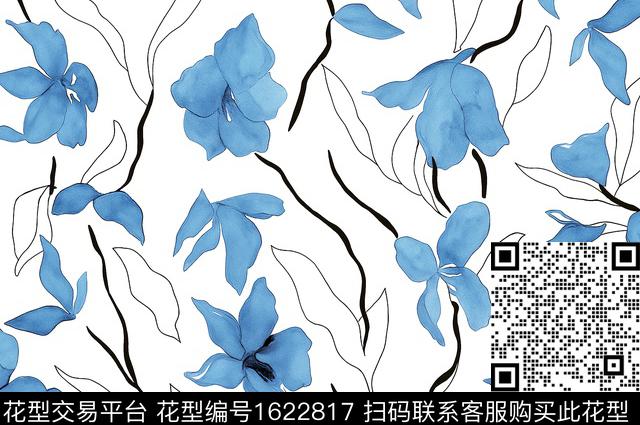 花卉线条抽象花卉数码印花华亿平台下载（图片编号: 1622817） - 瓦栏（Walan）