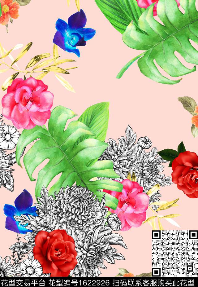 花卉水彩花卉龟背竹数码印花华亿平台下载（图片编号: 1622926） - 瓦栏（Walan）