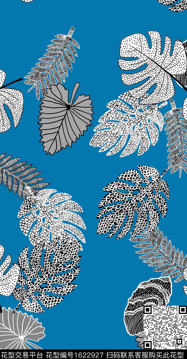 绿植树叶热带华亿平台黑白灰传统印花华亿平台下载（图片编号: 1622927） - 瓦栏（Walan）