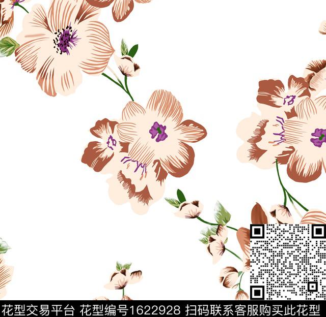 花卉白底花简约传统印花华亿平台下载（图片编号: 1622928） - 瓦栏（Walan）