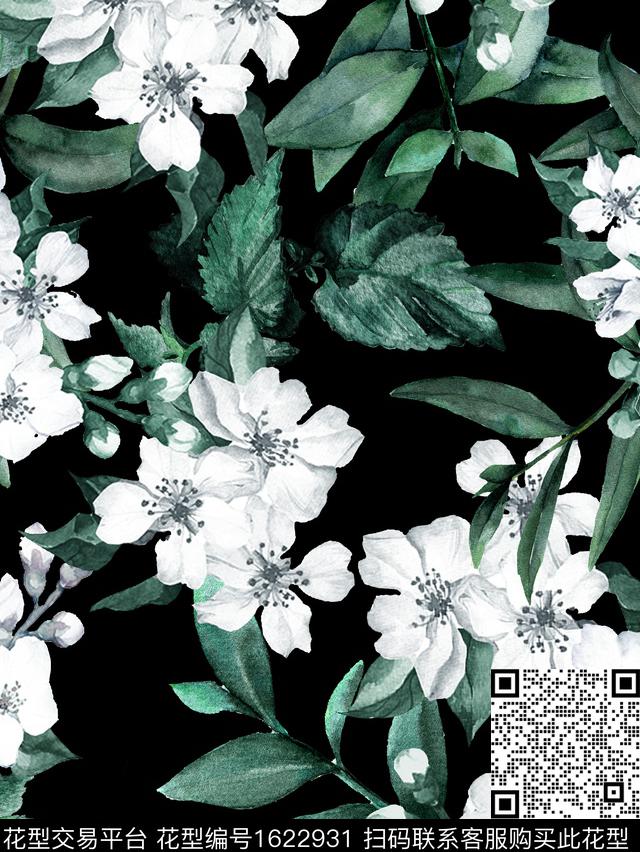 花卉水彩花卉黑底花卉数码印花华亿平台下载（图片编号: 1622931） - 瓦栏（Walan）