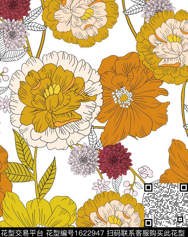 花卉线条花卉秋冬华亿平台传统印花华亿平台下载（图片编号: 1622947） - 瓦栏（Walan）