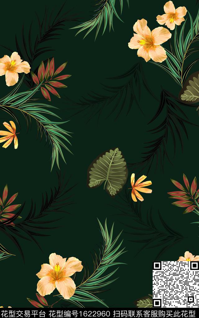 黑底花卉热带华亿平台花卉数码印花华亿平台下载（图片编号: 1622960） - 瓦栏（Walan）