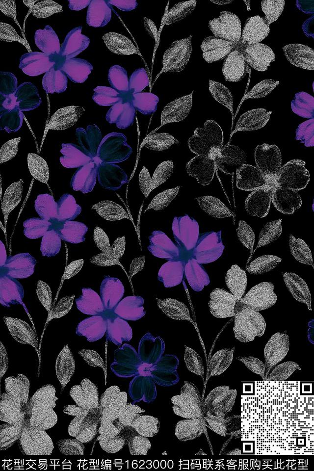 花卉黑底花卉颗粒数码印花华亿平台下载（图片编号: 1623000） - 瓦栏（Walan）