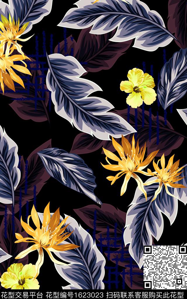黑底花卉热带华亿平台花卉数码印花华亿平台下载（图片编号: 1623023） - 瓦栏（Walan）