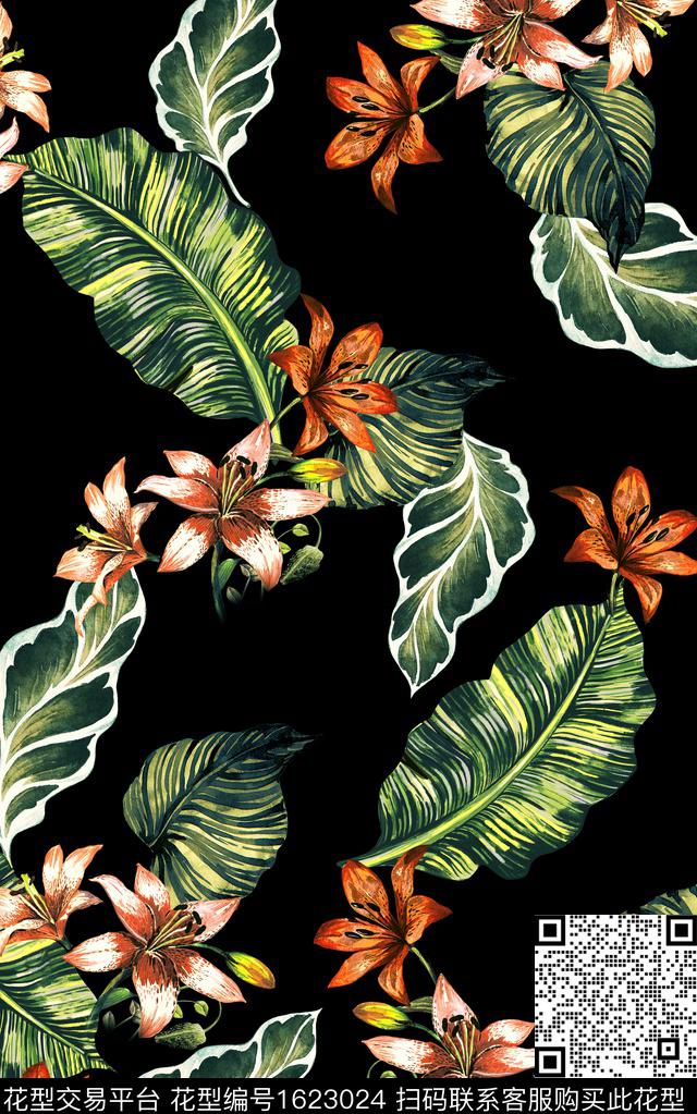 黑底花卉热带华亿平台花卉数码印花华亿平台下载（图片编号: 1623024） - 瓦栏（Walan）
