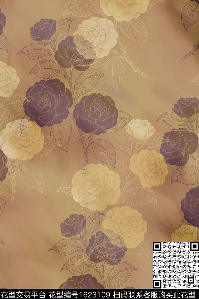 中国风茶花真丝数码印花华亿平台下载（图片编号: 1623109） - 瓦栏（Walan）