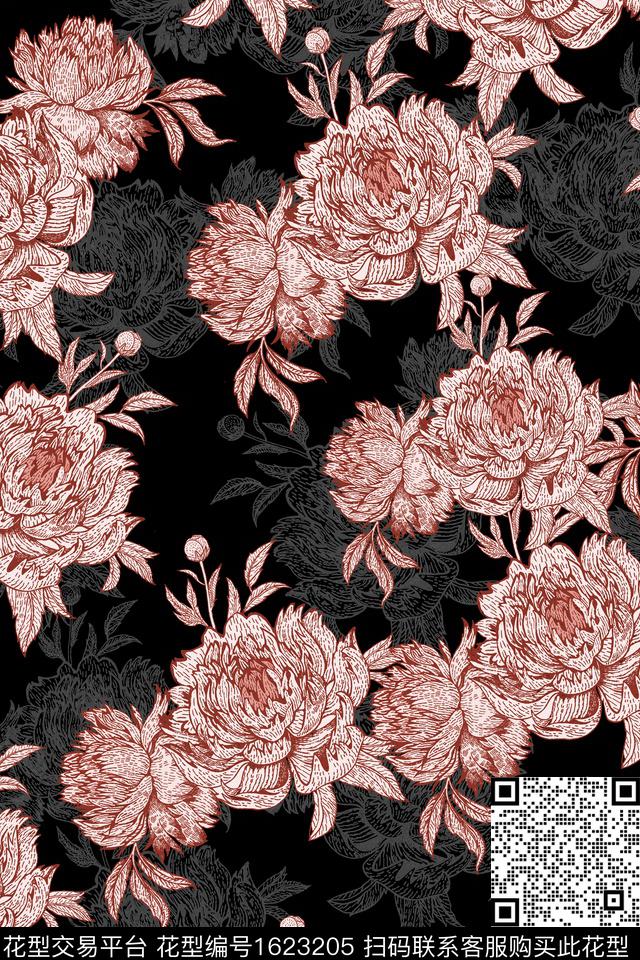 黑底花卉线条花卉影花数码印花华亿平台下载（图片编号: 1623205） - 瓦栏（Walan）