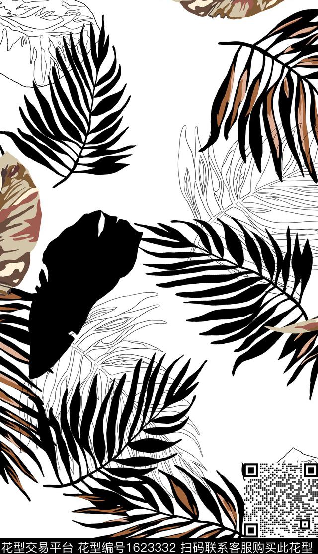 热带叶子线条传统印花华亿平台下载（图片编号: 1623332） - 瓦栏（Walan）