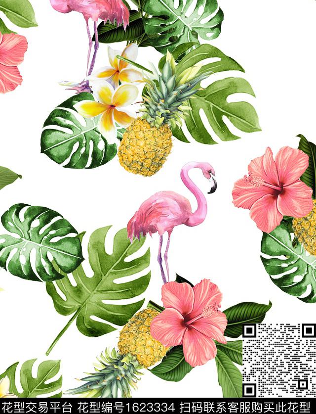 菠萝火烈鸟热带数码印花华亿平台下载（图片编号: 1623334） - 瓦栏（Walan）