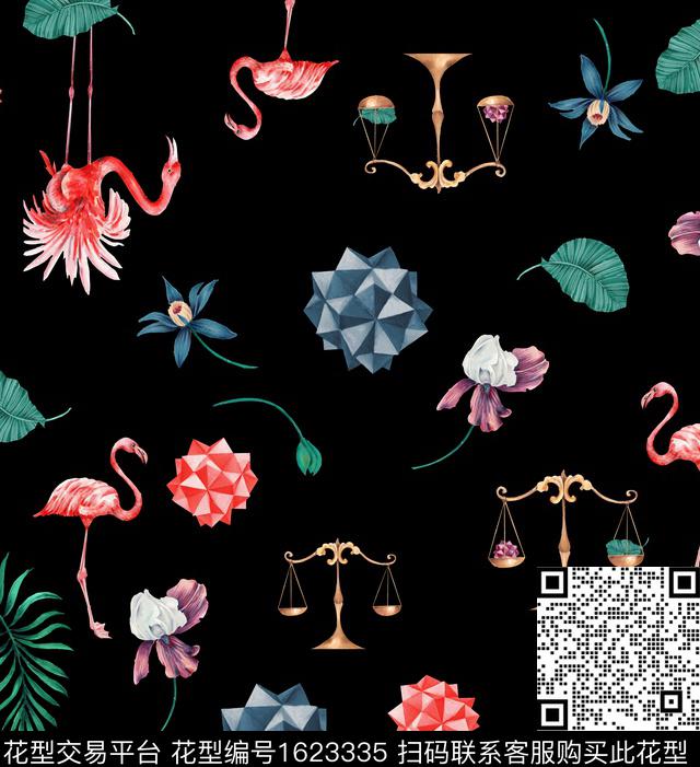 火烈鸟热带花卉数码印花华亿平台下载（图片编号: 1623335） - 瓦栏（Walan）