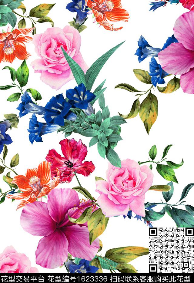 花卉白底花清爽底花卉数码印花华亿平台下载（图片编号: 1623336） - 瓦栏（Walan）