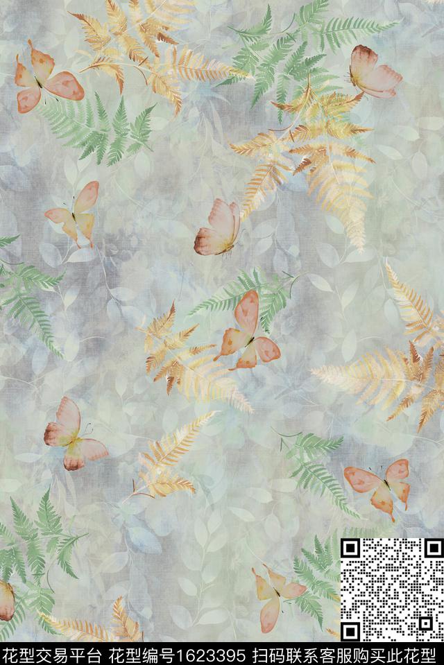 水彩蝴蝶绿植树叶数码印花华亿平台下载（图片编号: 1623395） - 瓦栏（Walan）