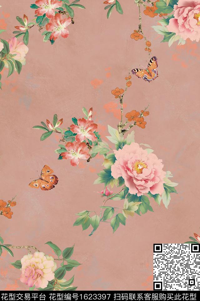 蝴蝶香云纱牡丹数码印花华亿平台下载（图片编号: 1623397） - 瓦栏（Walan）
