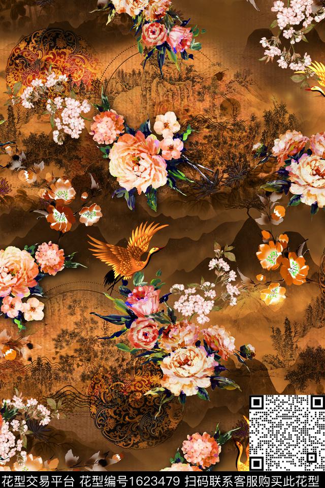 鸟中国风花卉数码印花华亿平台下载（图片编号: 1623479） - 瓦栏（Walan）