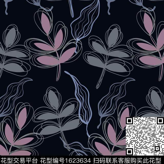 植物叶子线条传统印花华亿平台下载（图片编号: 1623634） - 瓦栏（Walan）