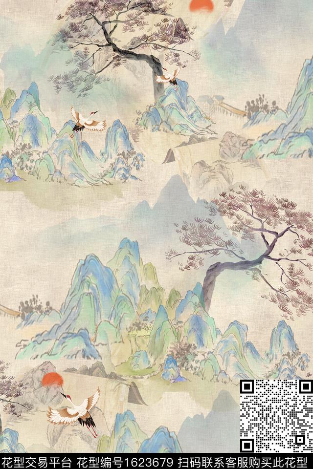 中国风山川树数码印花华亿平台下载（图片编号: 1623679） - 瓦栏（Walan）