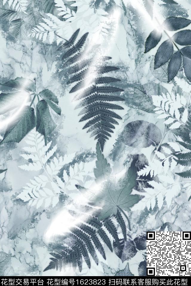 丝巾定位花渐变绿植树叶数码印花华亿平台下载（图片编号: 1623823） - 瓦栏（Walan）