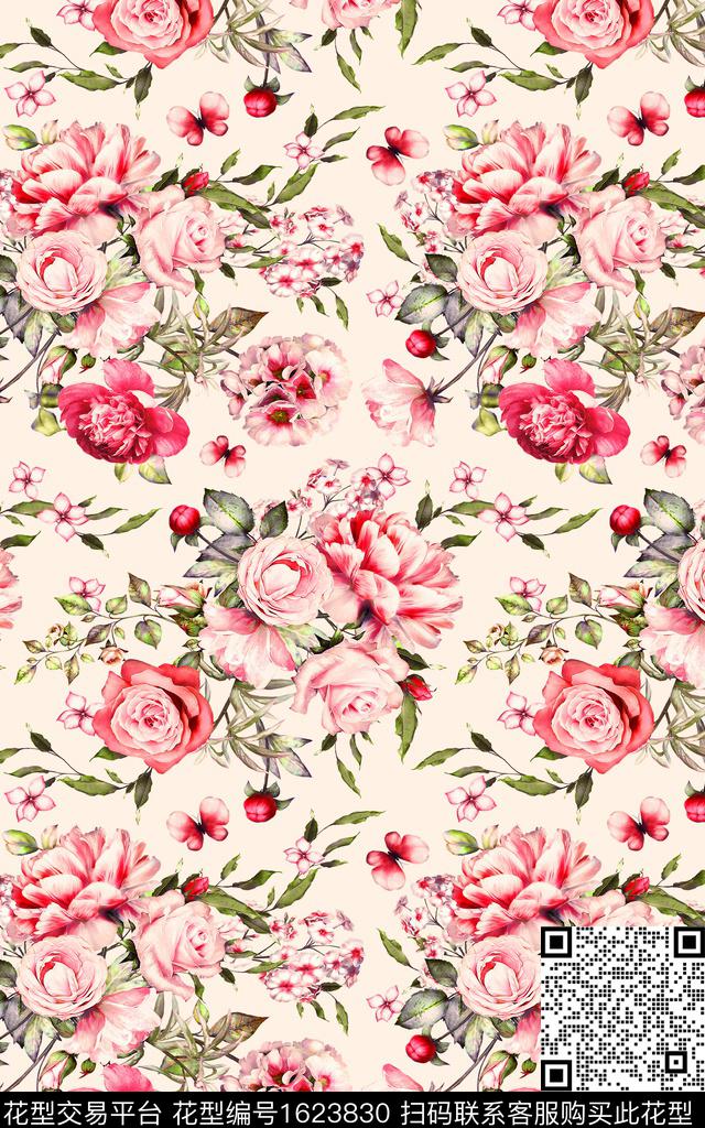 年轻女装满版散花花卉数码印花华亿平台下载（图片编号: 1623830） - 瓦栏（Walan）