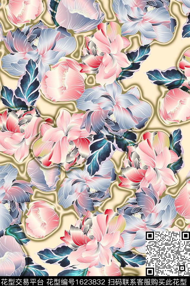 花卉渐变描边数码印花华亿平台下载（图片编号: 1623832） - 瓦栏（Walan）