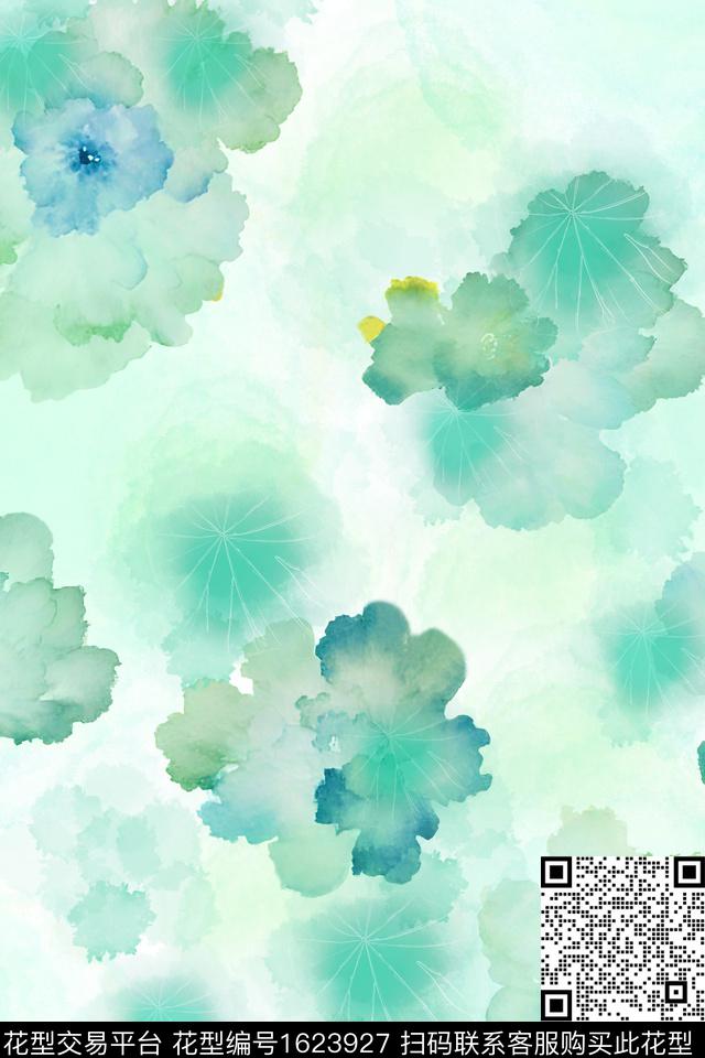 水彩叶子荷叶数码印花华亿平台下载（图片编号: 1623927） - 瓦栏（Walan）