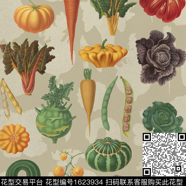 趣味复古蔬菜数码印花华亿平台下载（图片编号: 1623934） - 瓦栏（Walan）