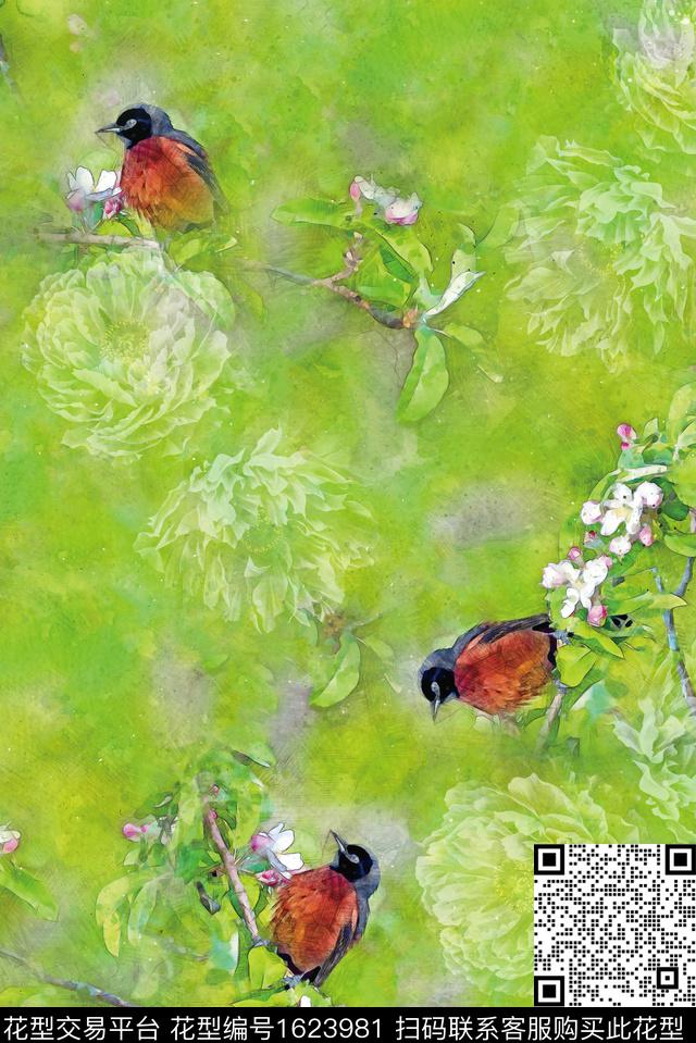 水彩牡丹花鸟数码印花华亿平台下载（图片编号: 1623981） - 瓦栏（Walan）