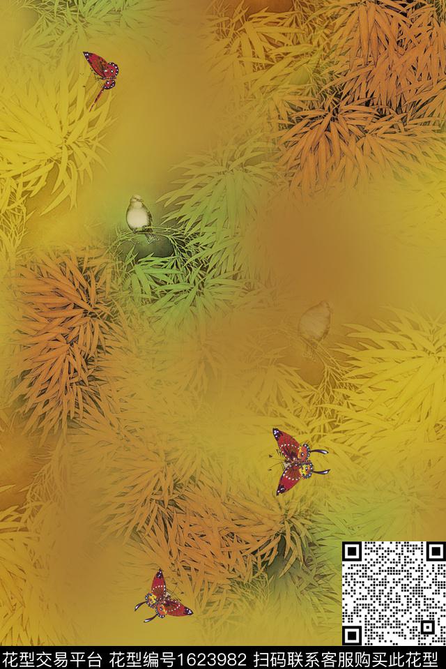 中国风鸟蝴蝶数码印花华亿平台下载（图片编号: 1623982） - 瓦栏（Walan）