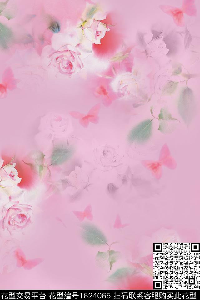 蝴蝶模糊花卉花卉数码印花华亿平台下载（图片编号: 1624065） - 瓦栏（Walan）