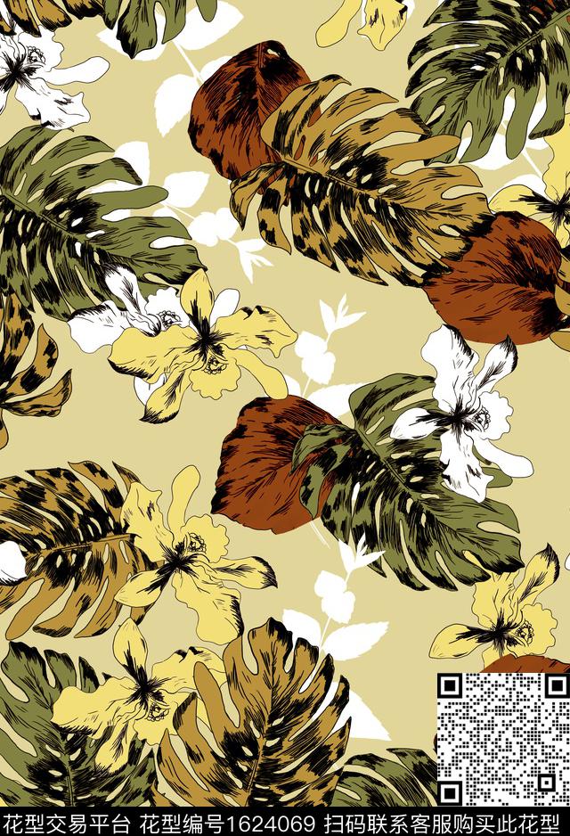 兰花热带龟背竹数码印花华亿平台下载（图片编号: 1624069） - 瓦栏（Walan）