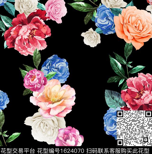 花卉黑底花卉水彩花卉数码印花华亿平台下载（图片编号: 1624070） - 瓦栏（Walan）