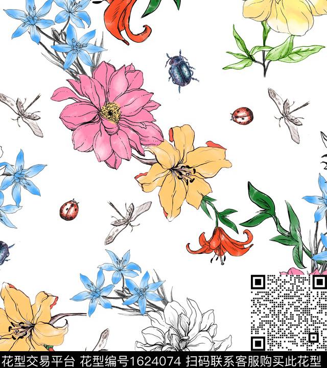 瓢虫昆虫手绘数码印花华亿平台下载（图片编号: 1624074） - 瓦栏（Walan）