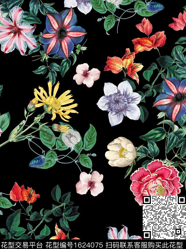 花卉黑底花卉植物数码印花华亿平台下载（图片编号: 1624075） - 瓦栏（Walan）