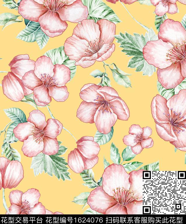 花卉水彩花卉清爽底花卉数码印花华亿平台下载（图片编号: 1624076） - 瓦栏（Walan）