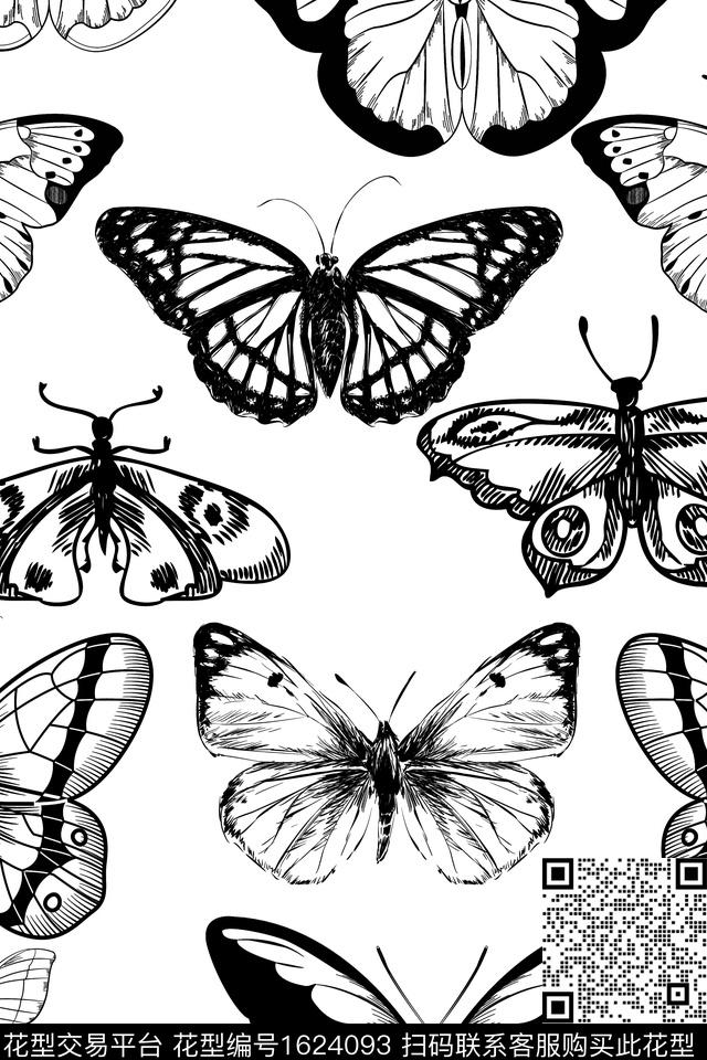 黑白华亿平台简约蝴蝶数码印花华亿平台下载（图片编号: 1624093） - 瓦栏（Walan）