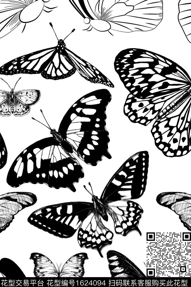 黑白华亿平台简约蝴蝶数码印花华亿平台下载（图片编号: 1624094） - 瓦栏（Walan）