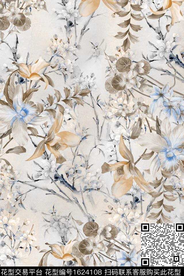花卉水彩花卉枝条花数码印花华亿平台下载（图片编号: 1624108） - 瓦栏（Walan）