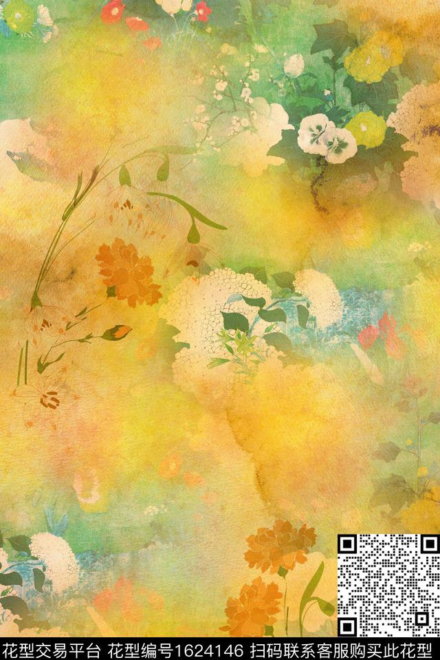 中国风花卉水彩数码印花华亿平台下载（图片编号: 1624146） - 瓦栏（Walan）