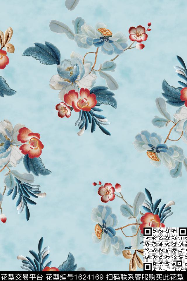 刺绣花卉跳接数码印花华亿平台下载（图片编号: 1624169） - 瓦栏（Walan）