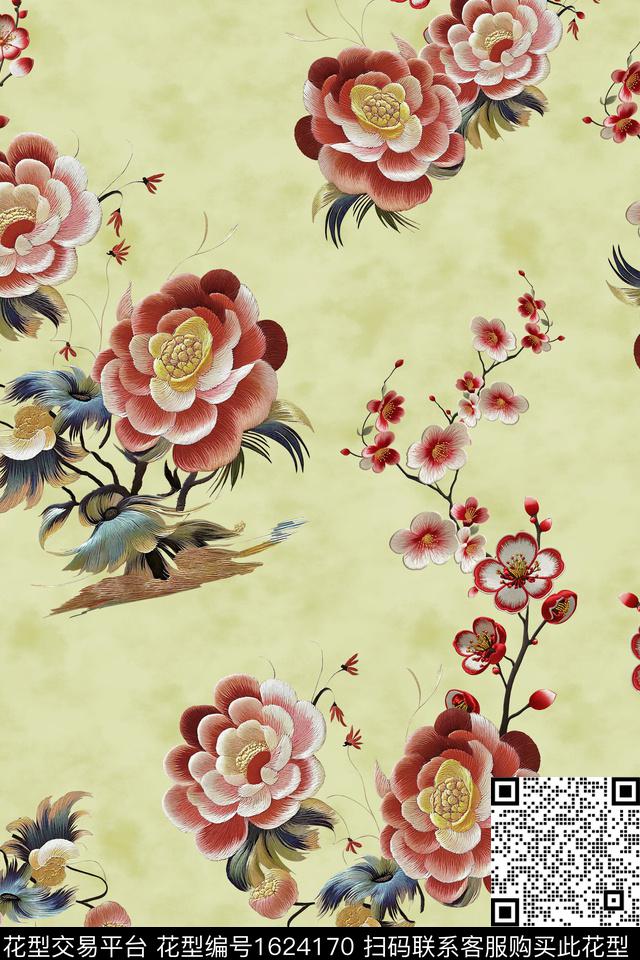 刺绣花卉跳接数码印花华亿平台下载（图片编号: 1624170） - 瓦栏（Walan）