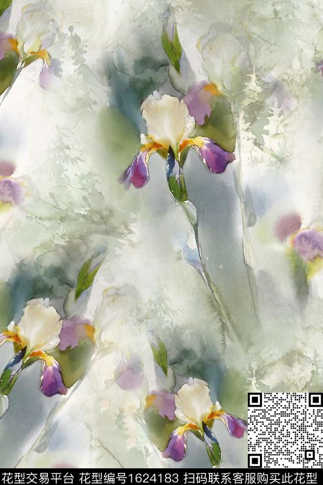 花卉水彩花卉鸢尾花数码印花华亿平台下载（图片编号: 1624183） - 瓦栏（Walan）