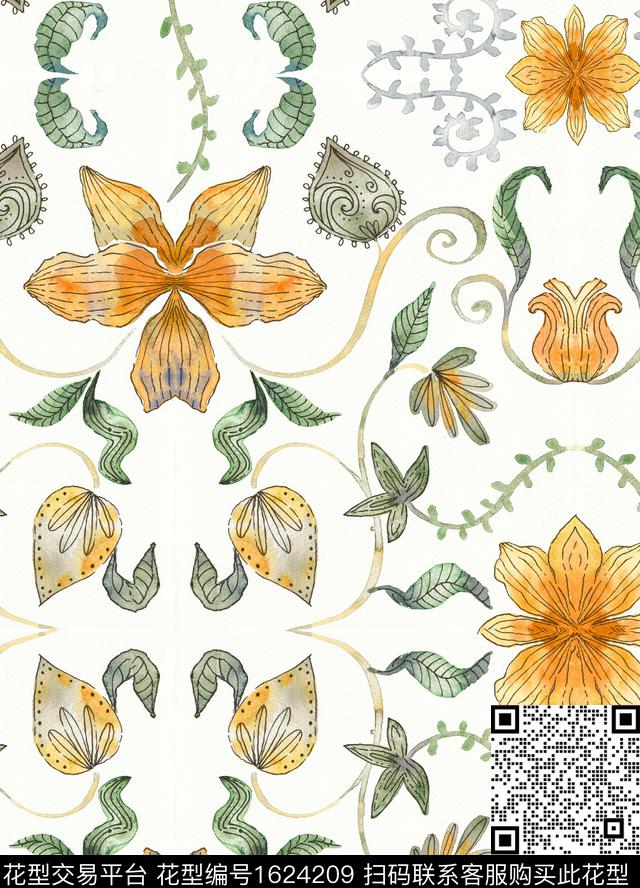 花卉水彩花卉民族风数码印花华亿平台下载（图片编号: 1624209） - 瓦栏（Walan）