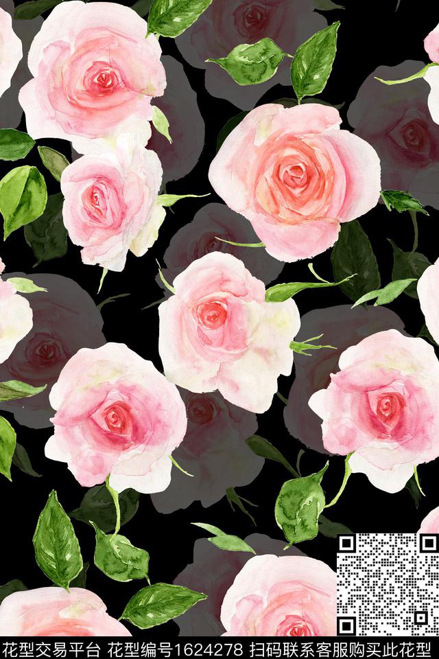 黑底花卉水彩花卉影花数码印花华亿平台下载（图片编号: 1624278） - 瓦栏（Walan）