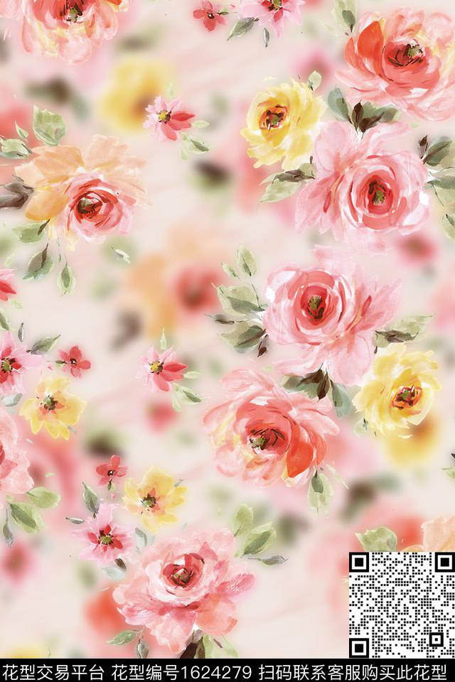 花卉水彩花卉春夏华亿平台数码印花华亿平台下载（图片编号: 1624279） - 瓦栏（Walan）