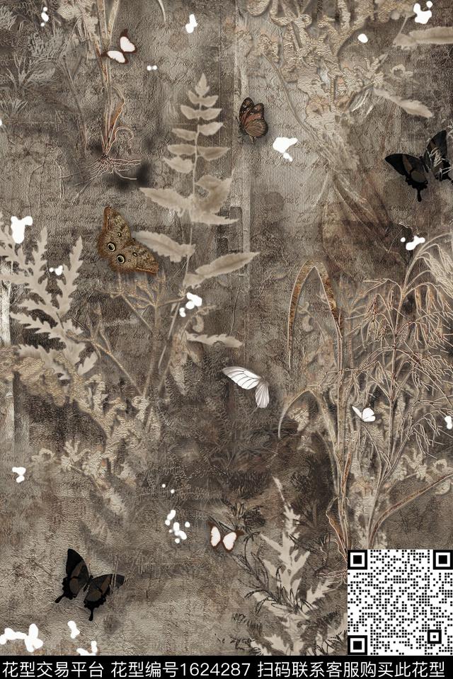 中国风蝴蝶植物印染数码印花华亿平台下载（图片编号: 1624287） - 瓦栏（Walan）