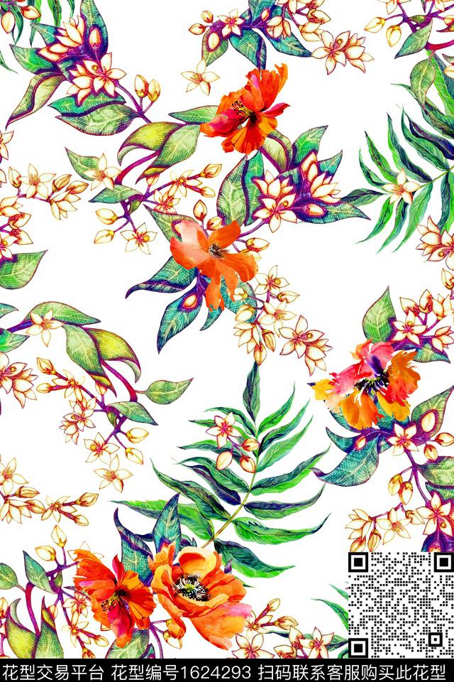 花卉春夏华亿平台水彩花卉数码印花华亿平台下载（图片编号: 1624293） - 瓦栏（Walan）